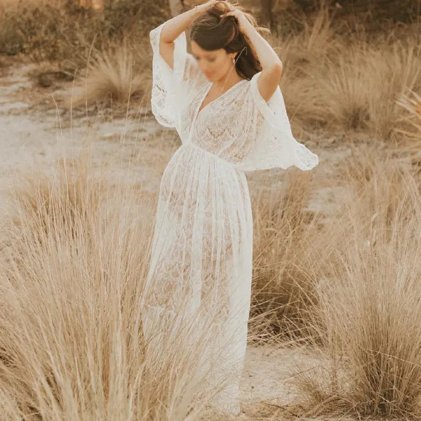 Maternity White Lace V-Neck Transparent Photoshoot Dress