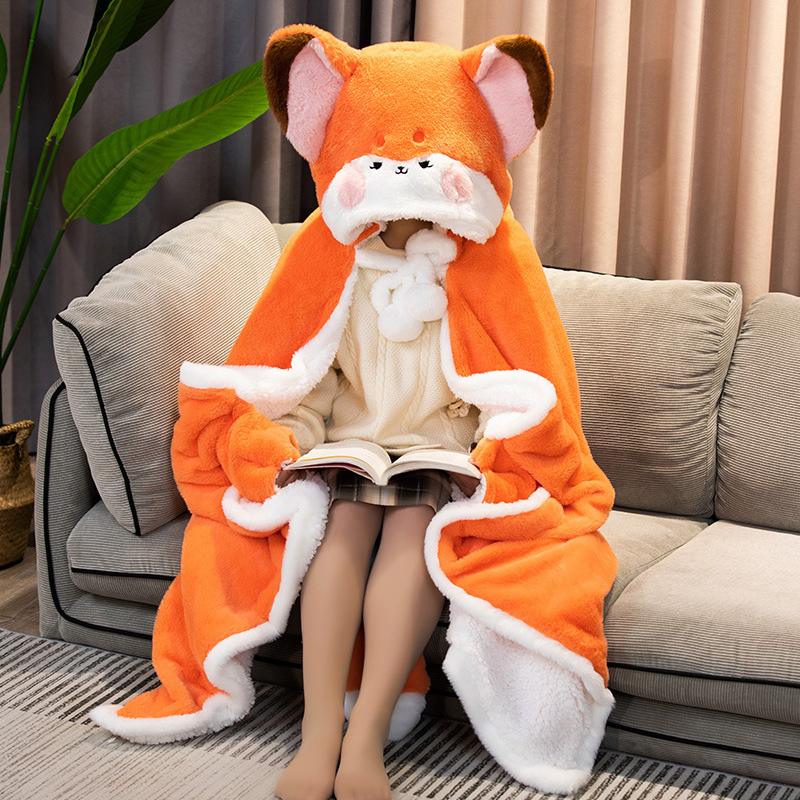 【FREE SALE】Cartoon Cute Fox Plush Wearable Hooded Blanket