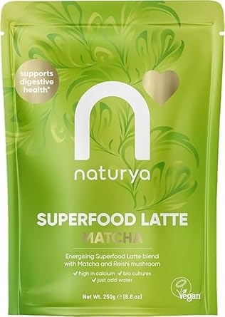Naturya Energizing Matcha Superfood Latte Blend 250g - Creamy Vegan & Gluten-Free Matcha Green Tea with Coconut Milk, Reishi Mushroom, Live Bio Cultures & Seaweed (250g)