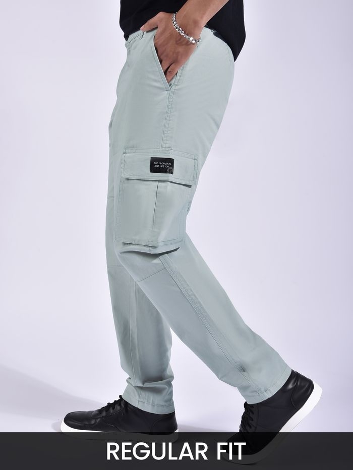 Mist Grey Solid Cargo Pants For Men