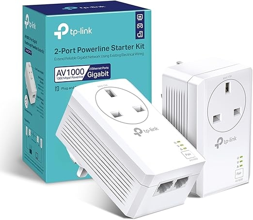 TP-Link TL-PA7027P KIT Passthrough Powerline Adapter Kit, AV1000 2-Port Gigabit, Speed Up To 1000 Mbps, HD & 3D & 4K Video Streaming and Online Gaming, No Configuration required, UK Plug