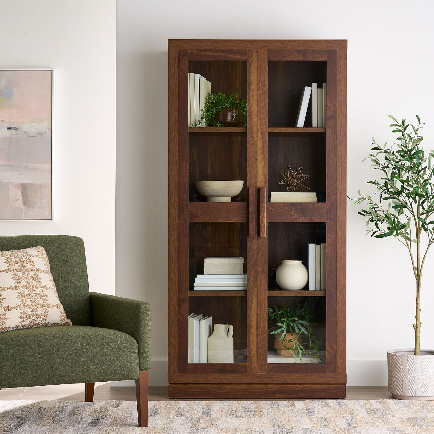 Better Homes & Gardens Ezra Glass Door Storage Cabinet, Warm Walnut finish - Walmart.com