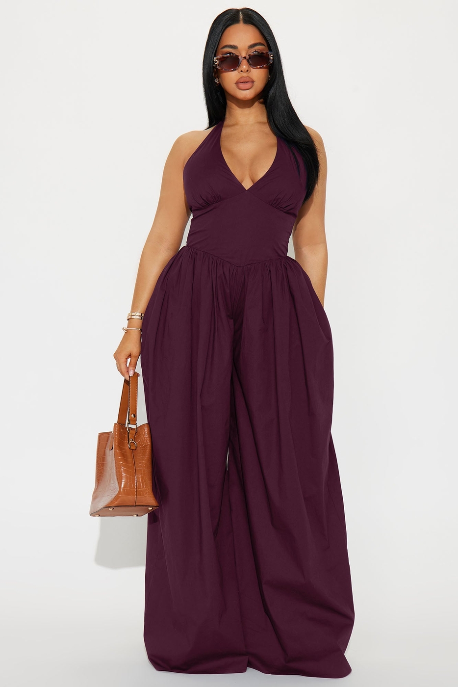 Lighter Than Air Poplin Halter Jumpsuit - Wine