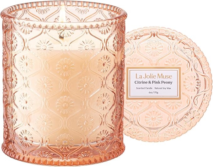 LA JOLIE MUSE Citrus Scented Candle, Citrine & Pink Peony Candles for Women, Luxury Candles Gifts, Mothers Day Candle for Home Scented, Natural Soy Wax Candle, 6 oz 40 Hours Burn