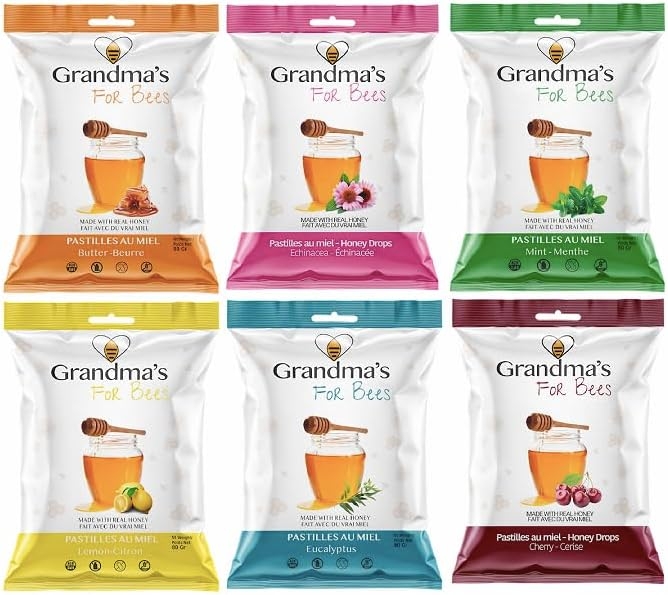 Grandma's For Bees | Old Fashioned Honey Drops – Variety Discovery Pack | 6 Flavours: Lemon, Eucalyptus, Cherry, Butter, Mint and Echinacea | 6 x 80g Bags