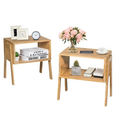 Costway Set of 2 Bamboo Nightstand Stackable Sofa Table Bedside Table with Storage Shelf