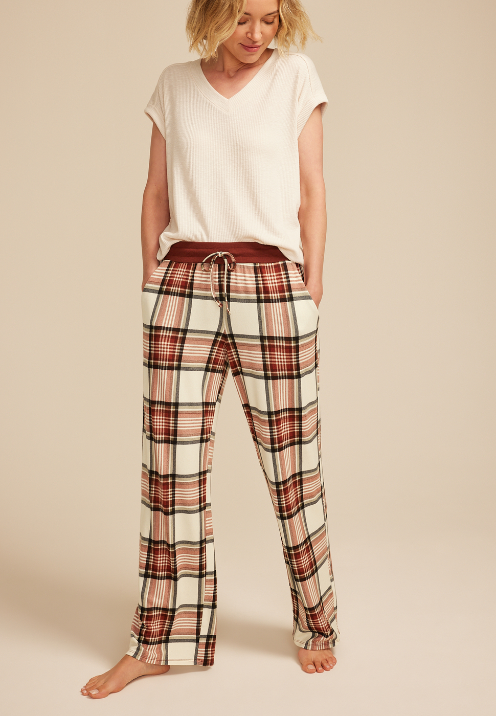 Burgundy Plaid Wide Leg Pajama Pants