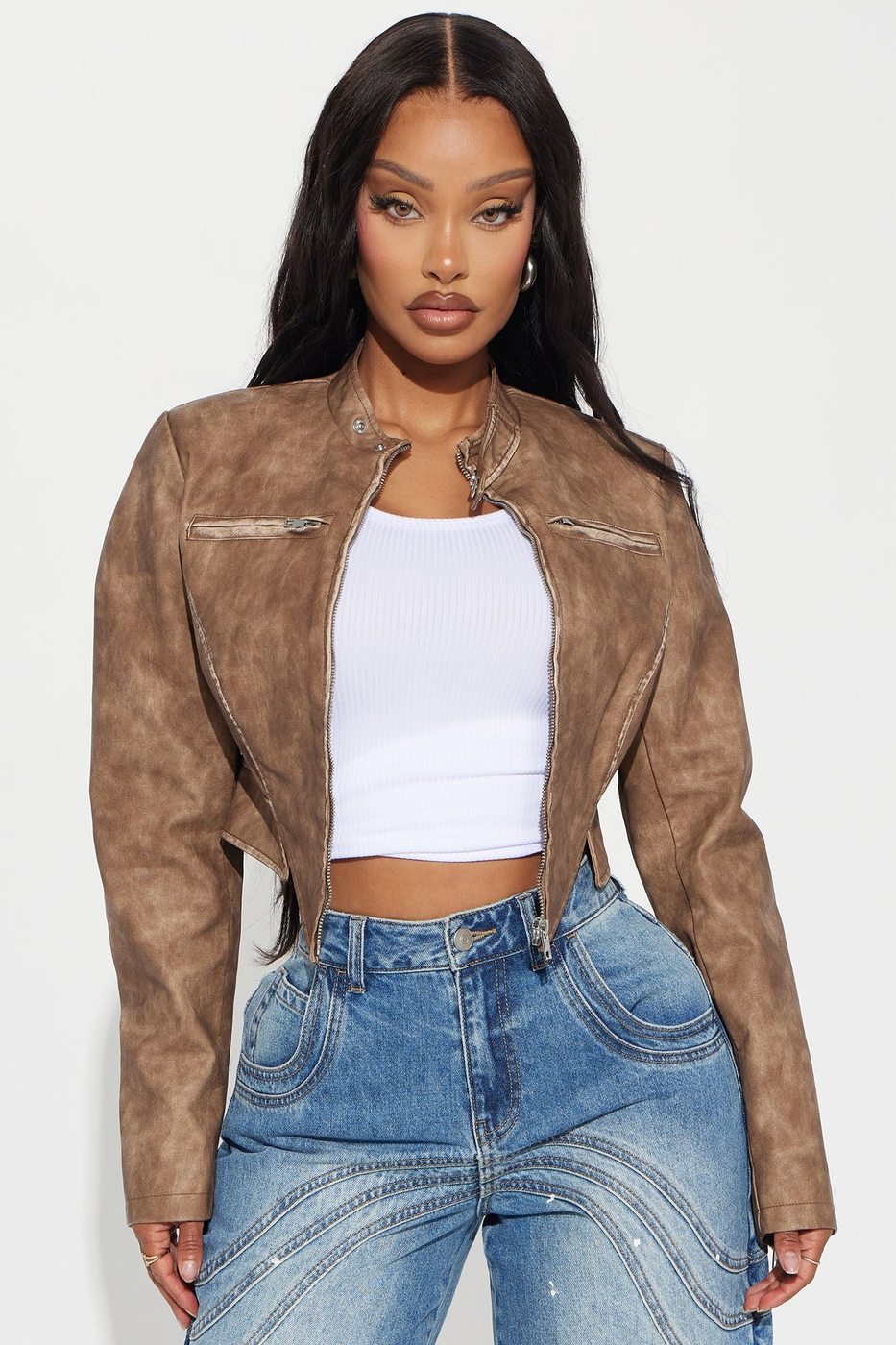 Ines Washed Faux Leather Jacket - Taupe