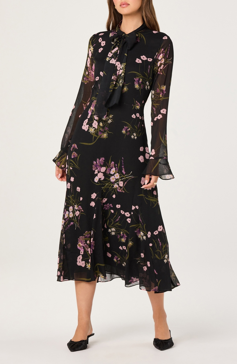 Floral Tie Neck Long Sleeve Dress