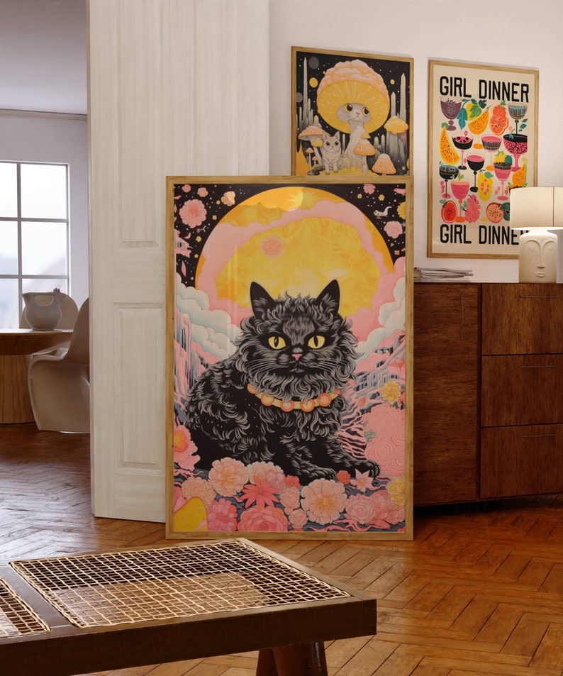 Psychedelic Black Cat Art Print: 70s Retro Home Decor