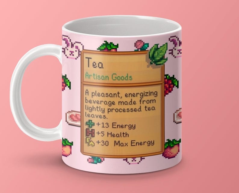Stardew Valley Pink Coffee Mug, Stardew Valley Video Game Coffee Stats Mug, Stardew Valley Cup, Gamer Mug, Gamer Birthday Xmas Gift Pink Cup