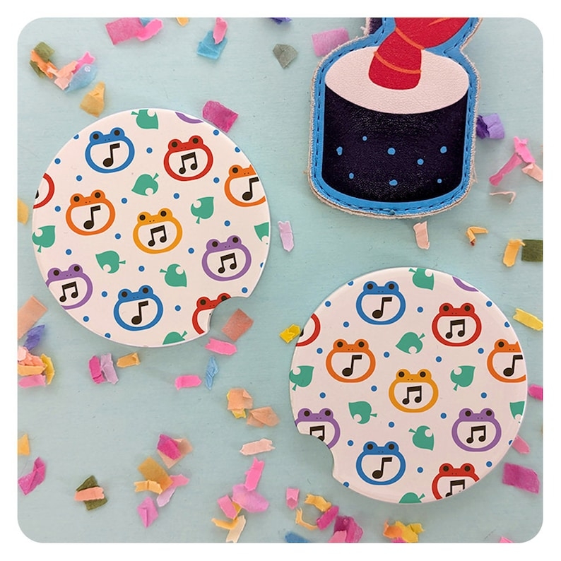 Froggy Music Notes Ceramic Car Coasters, Set of 2 Car Drink Holder Coasters, Cute Kawaii Video Game Car Decor Coasters