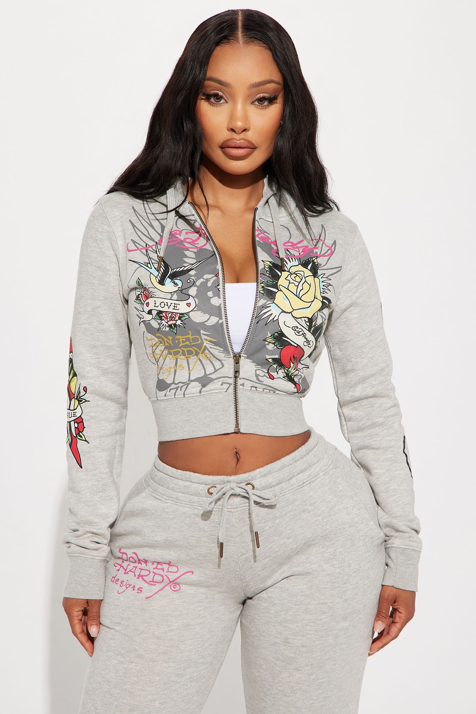 Ed Hardy Rose And Sword Zip Front Hoodie - Heather Grey