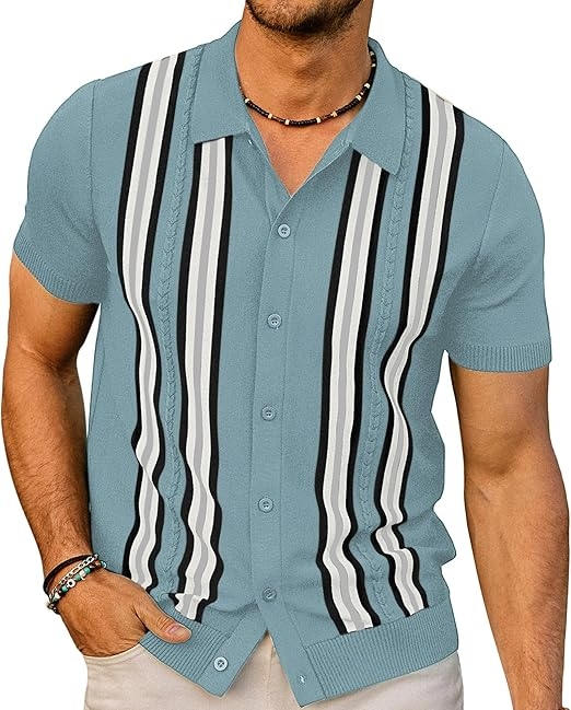PJ PAUL JONES Mens Polo Shirts Vintage Striped Button Down Knitted Golf Shirts