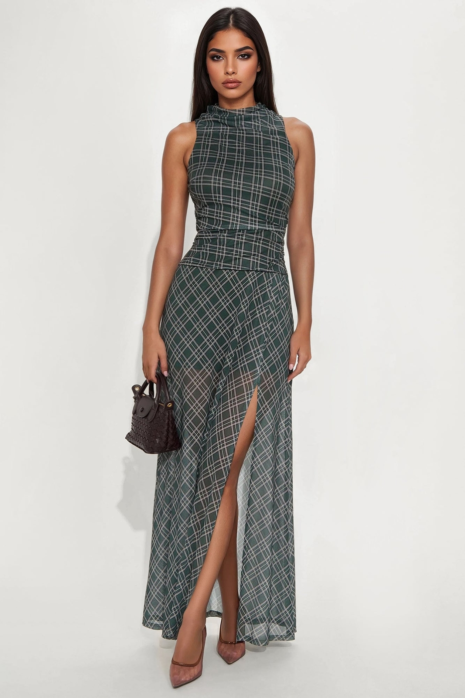 Hailie Plaid Mesh Maxi Dress - Green/combo