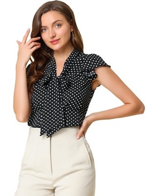 INSPIRE CHIC Women's Polka Dots Tie V Neck Flutter Cap Sleeve Blouse