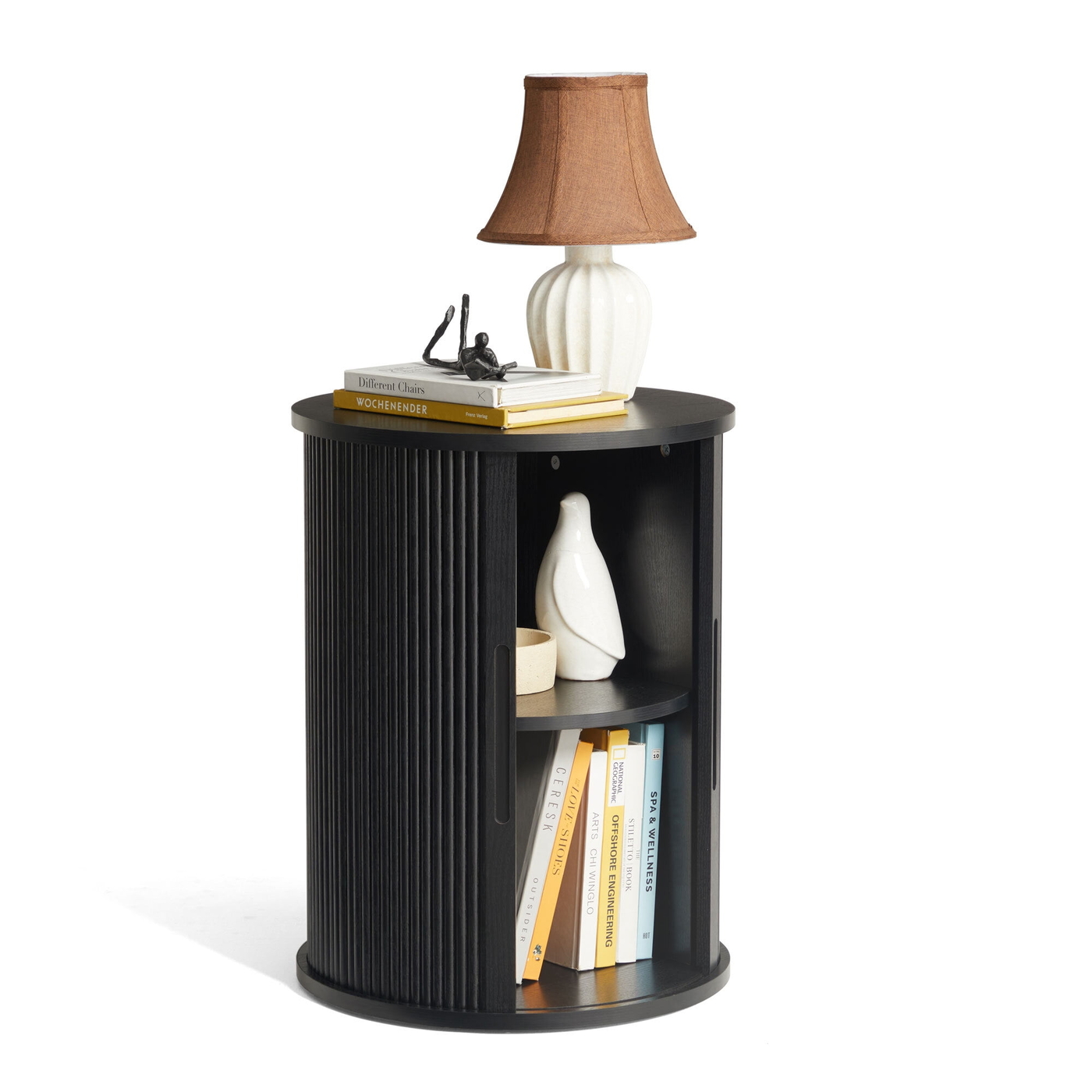 LINSY HOME Fluted Round End Tables for Living Room, Nightstand for Bedroom with with Sliding Tambour Door and Adjustable Shelves, Black(1 Pcs)