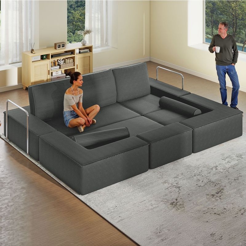 107.4" Corduroy Upholstered Modular Sofa Bed with 2 Pillows