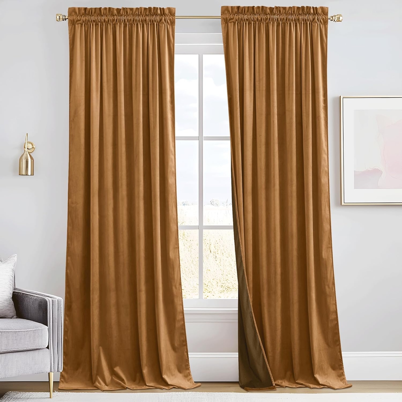 RYB HOME Luxurious Bronze Velvet Curtain Panels for Living Room Bedroom, Heavy Duty Thermal Insulated Rod Pocket Floor-Length Velvet Drapes for Vintage Decor, 52