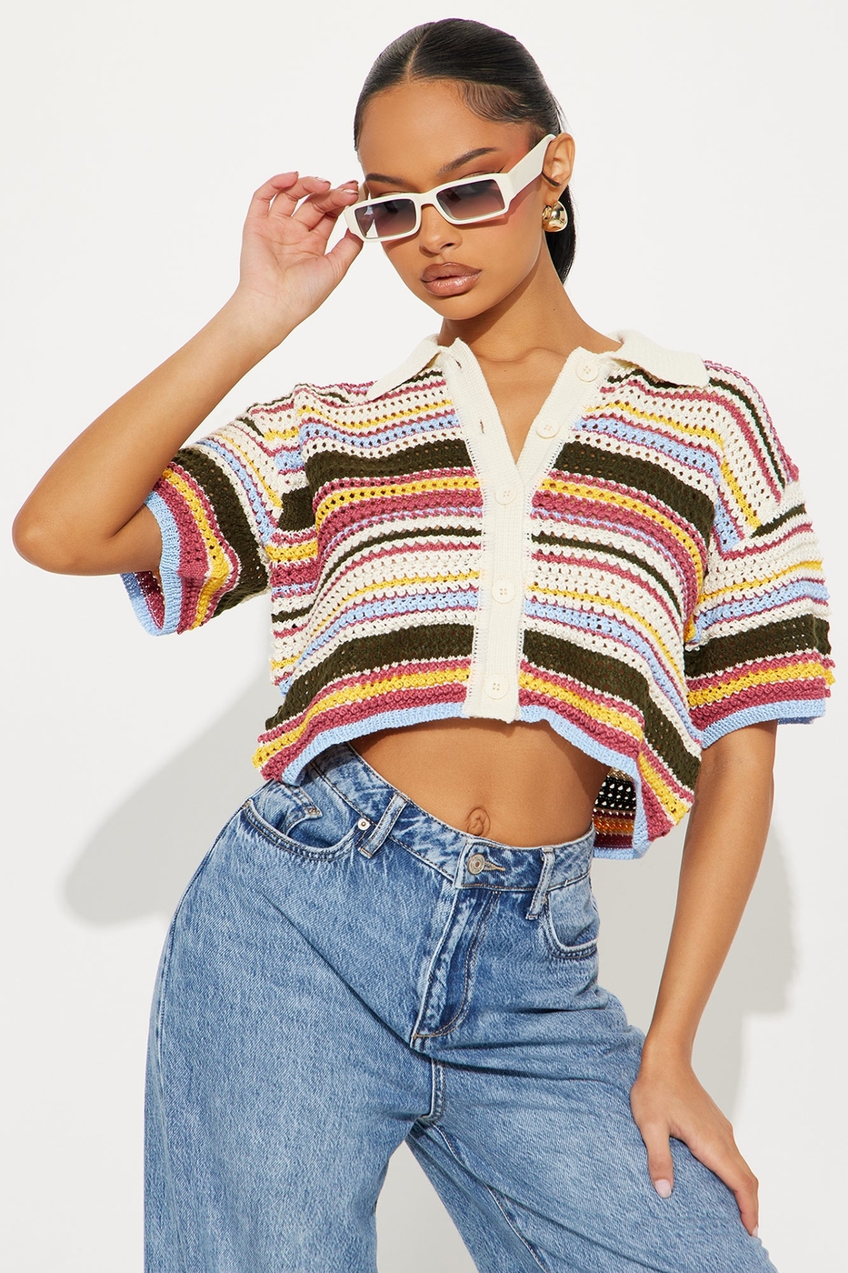Coasting Through Striped Crochet Shirt - Multi Color