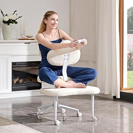Pinmoco Cross Legged Office Chair with Wheels, Meditation Chair, ADHD Chair for Adults, Wider Criss Cross Chair, Teddy Fabric, Off-White