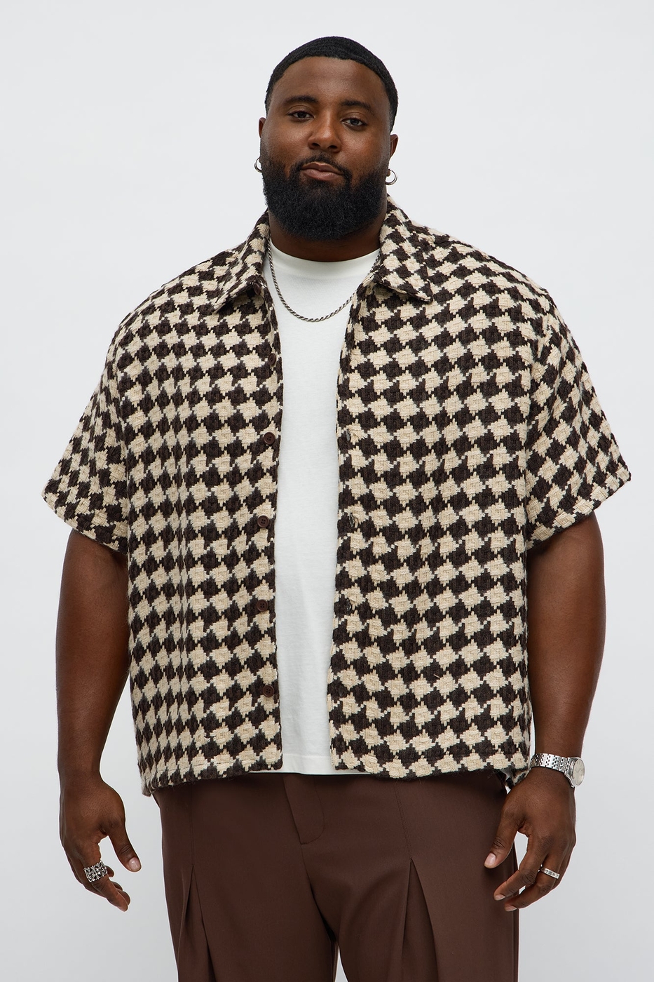 Boxy Cropped Mosaic Button Up Shirt - Brown