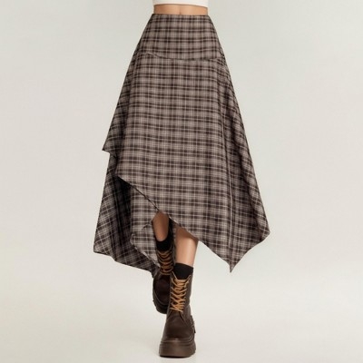 Anna-Kaci Women's Asymmetrical Plaid Midi Skirt with Layered Handkerchief Hem