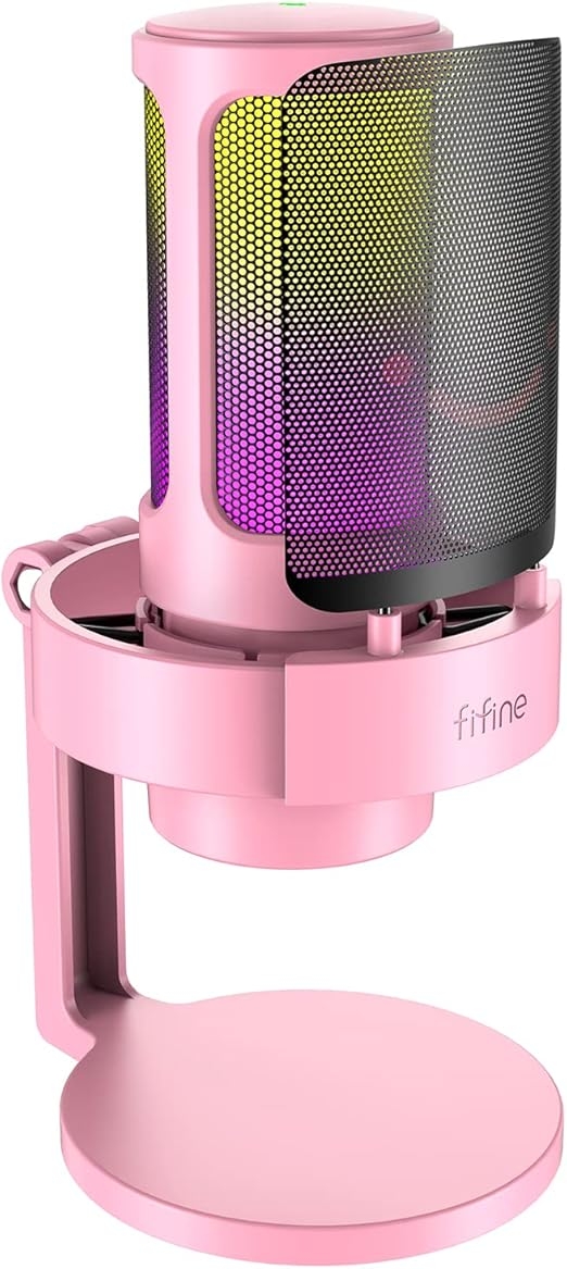 FIFINE USB Streaming Gaming Microphone, PC Condenser Desktop Mic for Video, Home use, YouTube, with RGB Control, Gain Knob, 3.5mm Headphone Jack, Shock Mount, on Computer/PS5-AmpliGame A8 Pink