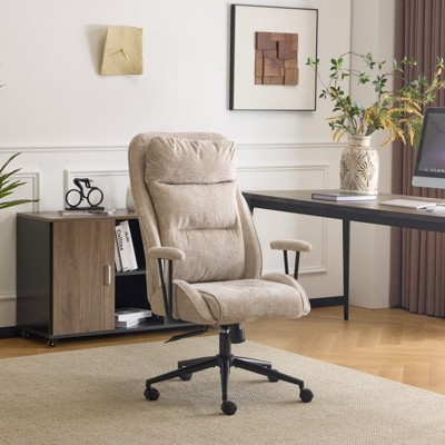 VINGLI Chenille High-Back Desk Chair with Adjustable Base & Headrest Support&Wheels, Light Khaki
