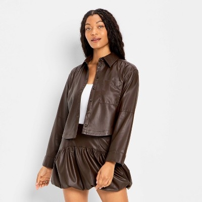 Women's Long Sleeve Leather Button-Down Shirt - Future Collective Brown