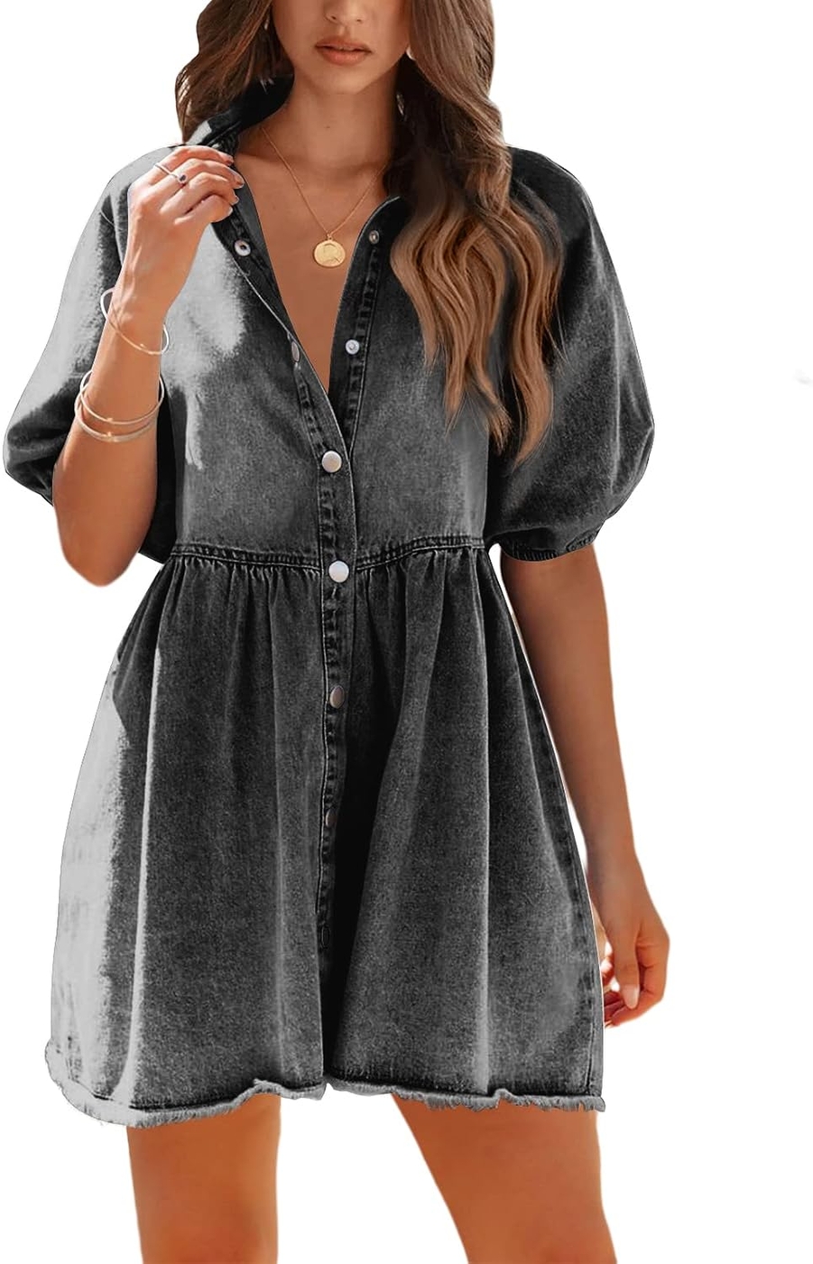 Pepochic Womens Summer Denim Dress Button Down Short Sleeve Babydoll Dress Puff Sleeve Flowy Jean Dress
