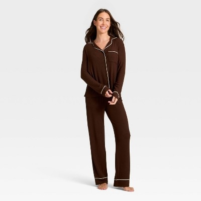 Women's Cozy Ribbed Notch Collar Long Sleeve Shirt and Pants Pajama Set - Auden™