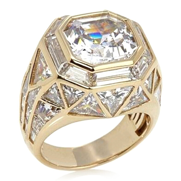14.42 CT Asscher Cut Simulated Diamond Solitaire Ring Solid 18K  Gold Plated
