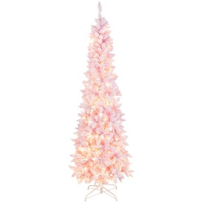 Costway 7FT Pre-Lit Snow Flocked Hinged Pencil Christmas Tree w/ 300 Lights & 8 Modes