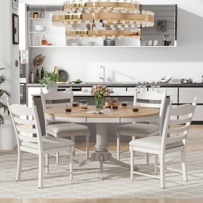 Extendable Round Kitchen Dining Table Set for 4, Farmhouse Dining Set and 4 Upholstered Chairs