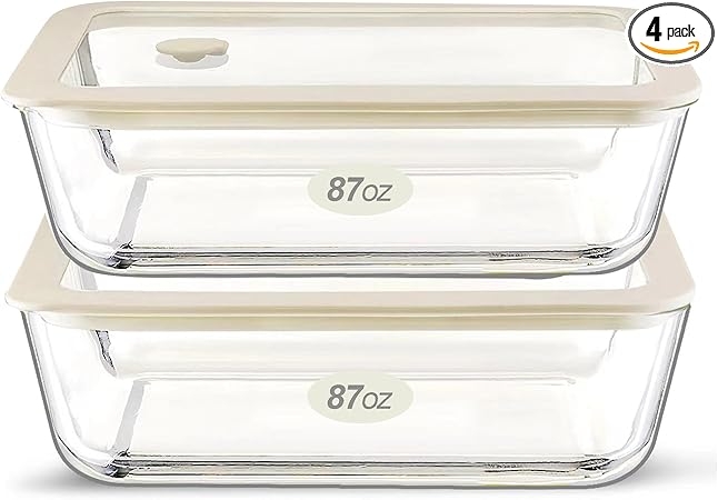 Urban Green Glass Food Container Set with Glass Lid, Large Meal Prep Container Set, Airtight Food Storage Containers with Air Vent Lid, 2 Pack, Large, 87oz, LeakProof, 100% Plastic Free, White color,