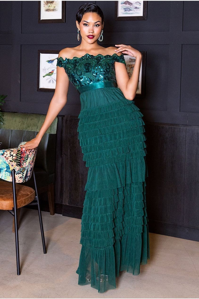 Scallop Bardot Ruffle Mesh Maxi - Emerald Green by Goddiva