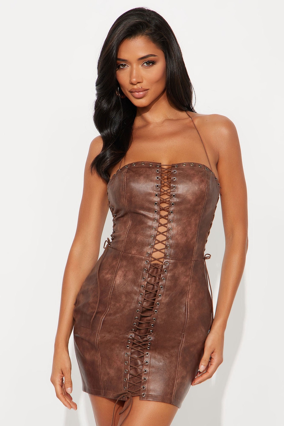 Brat Deluxe Mini Faux Leather Dress - Brown