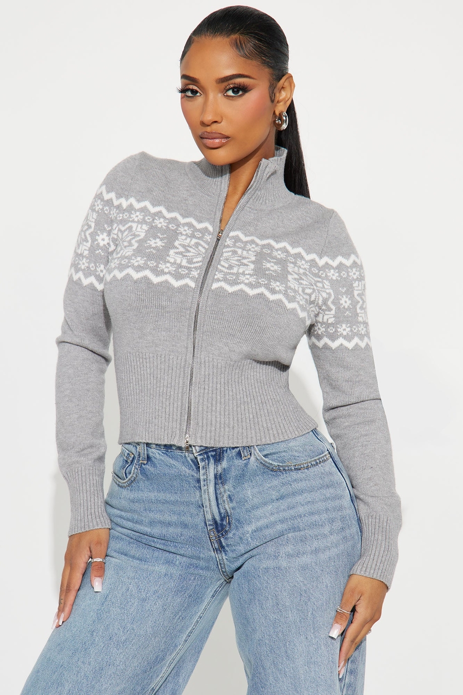 Snowie Fair Isle Front Zip Sweater - Grey/combo