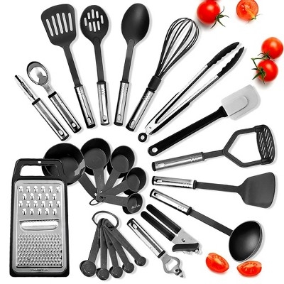 JoyTable Cooking Utensils Set, 24 Piece Nylon Red Kitchen Gadgets with Stainless Steel Handles