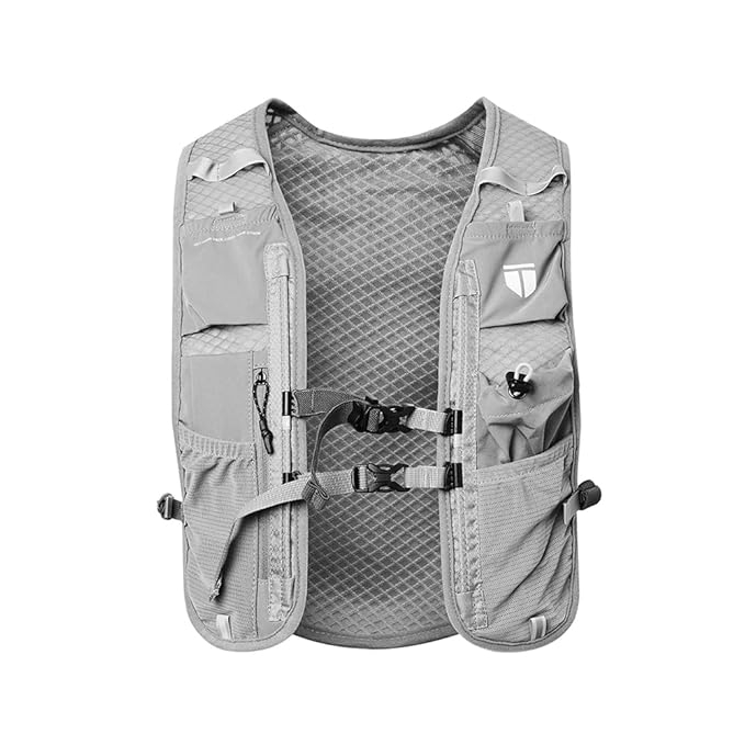 TEGO Pacer Trail Hydration Vest | Hydration Pack for Running & Hiking | Adjustable Running Vest with Storage, Reservoir Pouch & Reflective Details | Compatible with Soft Flasks & 2L Bladder (Grey)