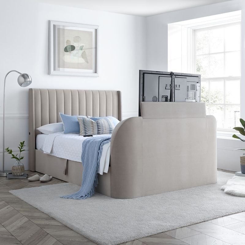 Luther Warm Stone Velvet Winged Ottoman Electric Media TV Bed Frame - 5ft King Size