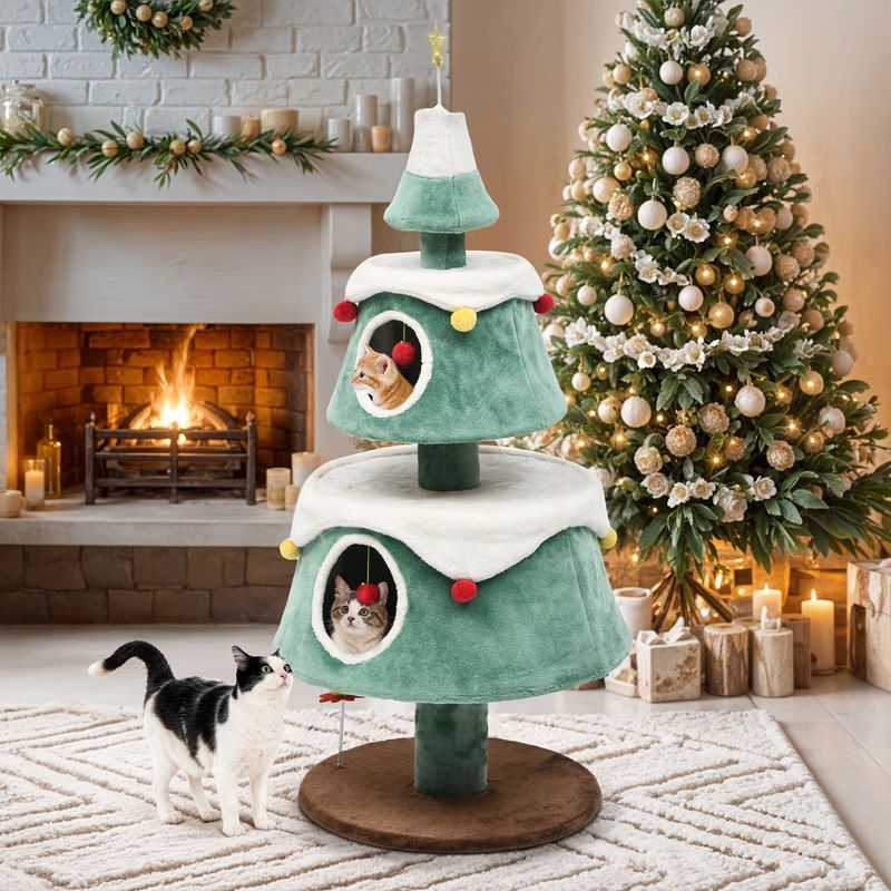 63" Large Cat Tree with 2 Cat House & Plush Ball for Christmas