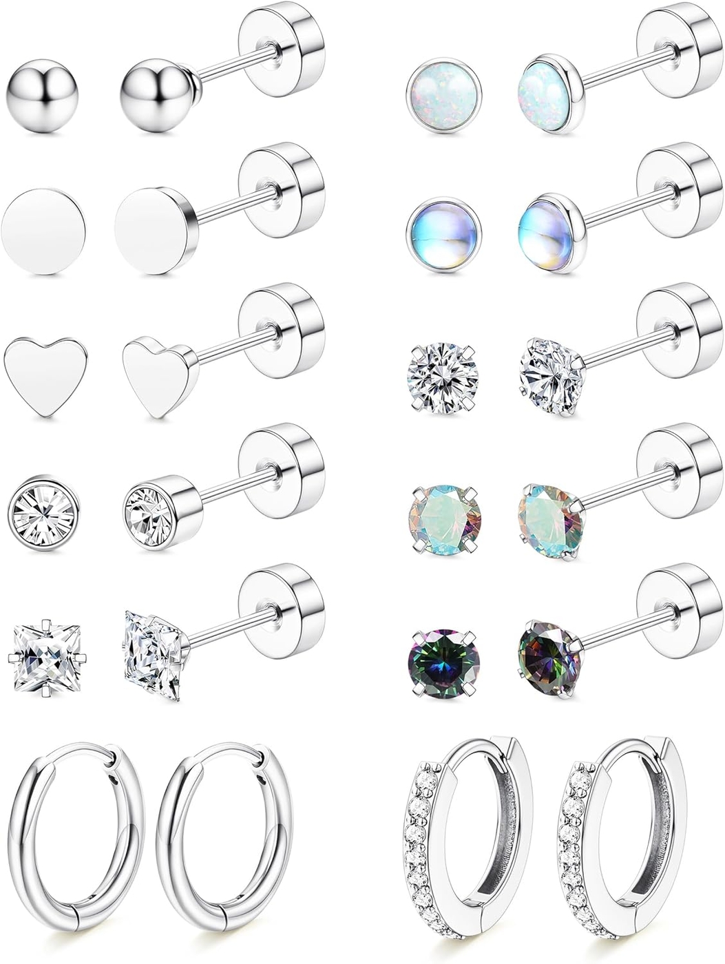 LOLIAS Hypoallergenic Flat Back Earrings for Women-Surgical Steel Earrings for Sensitive Ears 20G Stainless Steel Earring Stacks Small Flatback Stud Hoop Cartilage Earring