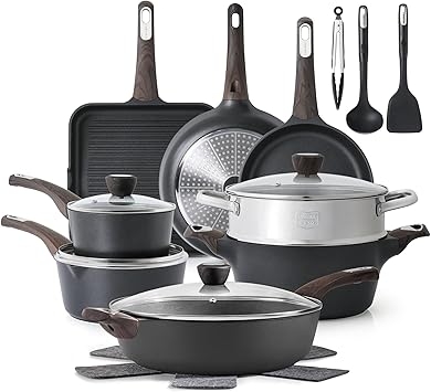 SENSARTE Pots and Pans Set Nonstick, 20 Pcs Induction Cookware Sets, Non-Toxic Healthy Non Stick Kitchen Cooking Set with Stay-Cool Handles, PFOA PFOS Free, Black