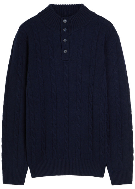 Cable-knit wool and cashmere-blend polo jumper