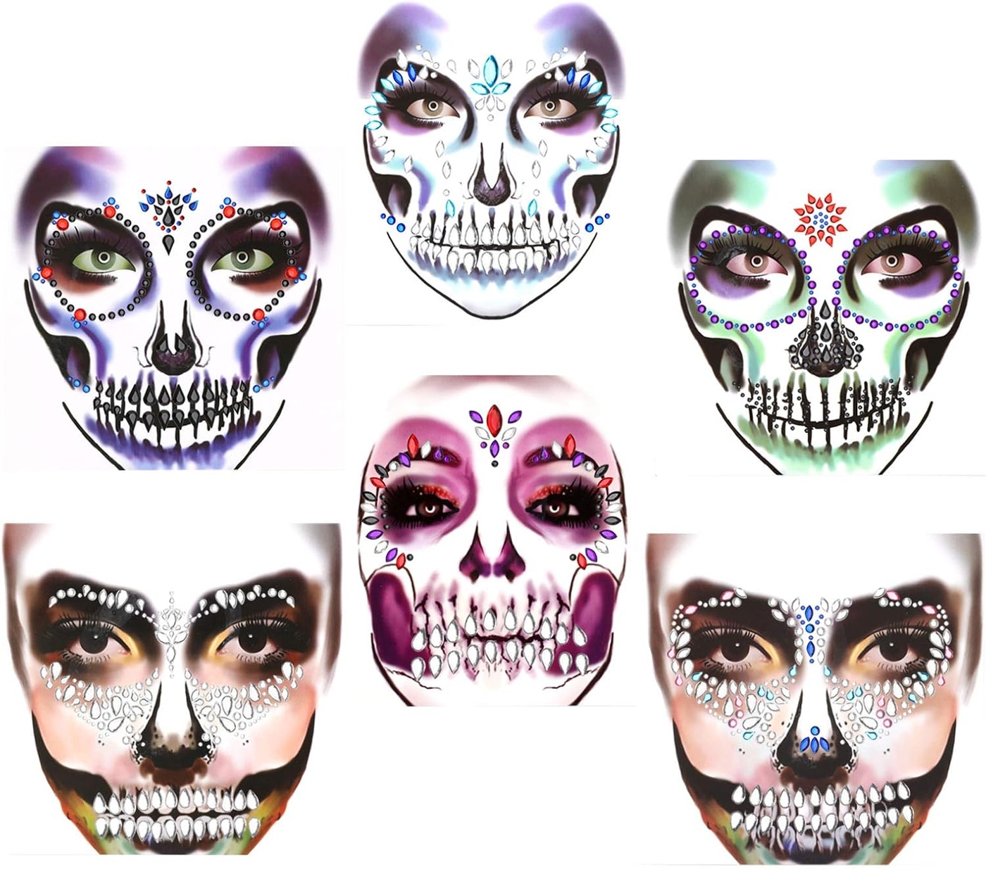 HOWAF 6 Pezzi Halloween Gemme Faccia di Tatuaggi Temporanei con Teschio di Zucchero Viso Strass per Giorno dei Morti Tatuaggi Faccia per La Rave Festa di Halloween per Donne e ragazze