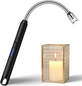 Electric Candle Lighter USB C Rechargeable Lighter Flameless BBQ Lighter Electronic Arc Plasma Lighter with Long Flexible Neck for Candles, Barbeque, Camping, Grill (Black)