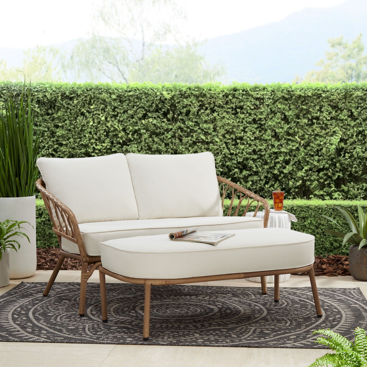 Better Homes & Gardens Willow Sage All-Weather Wicker Outdoor Loveseat and Ottoman Set, Beige - Walmart.com