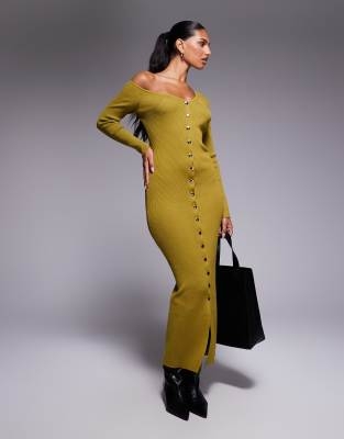 Kaiia Exclusive knit asymmetric neckline button through maxi dress in olive
